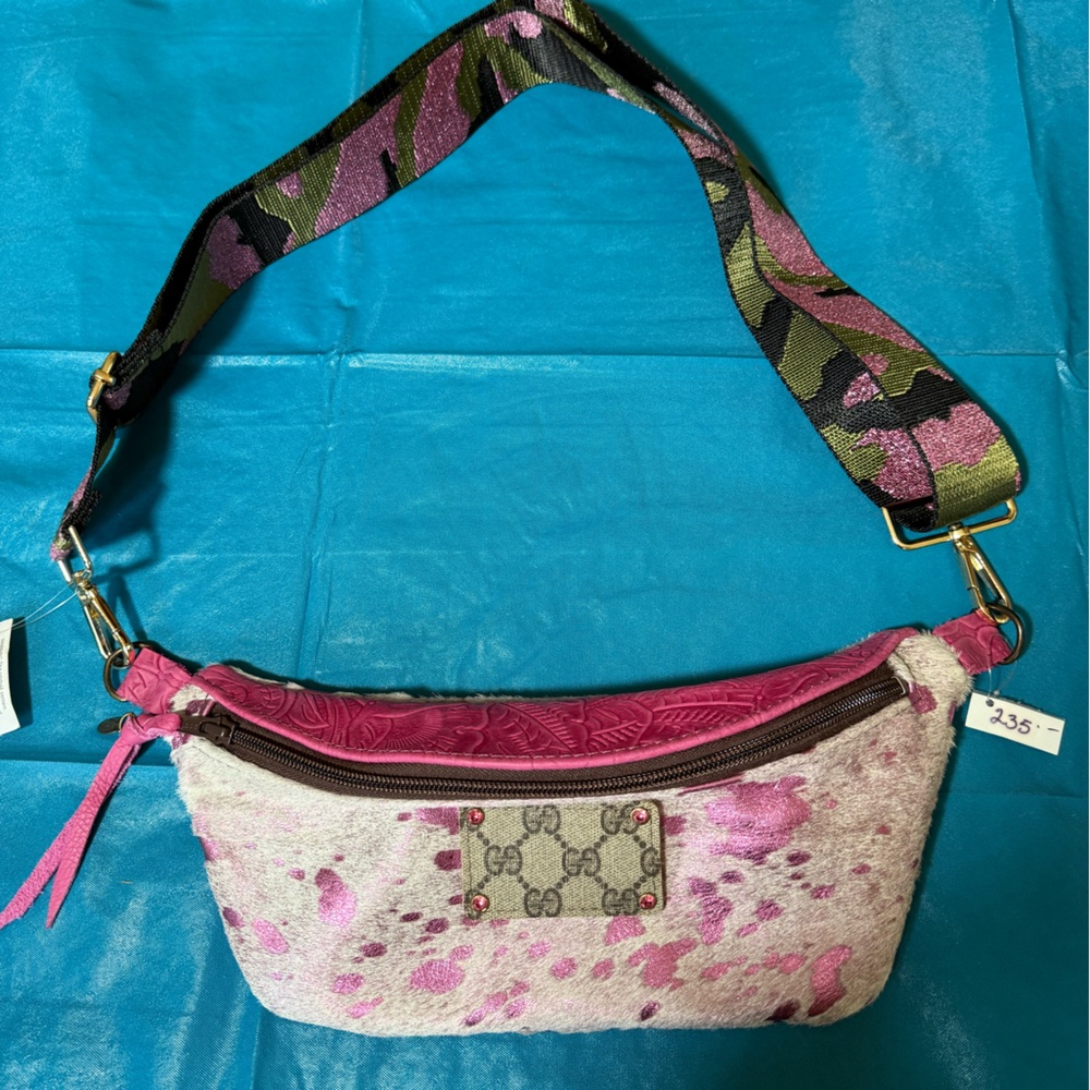 Pink Patterned Belt Bag with Decorative Camo Strap
